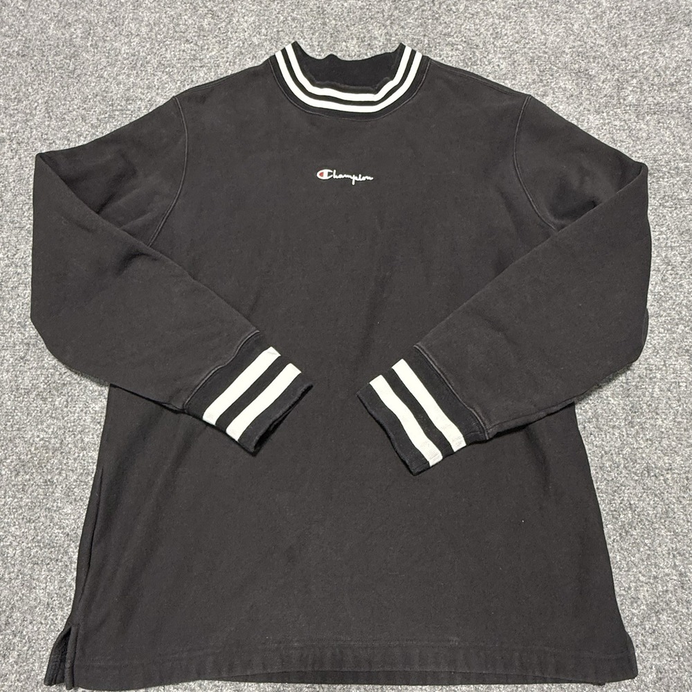 Champion Reverse Weave Sweatshirt Mens Large Black Spellout Logo Striped Trim